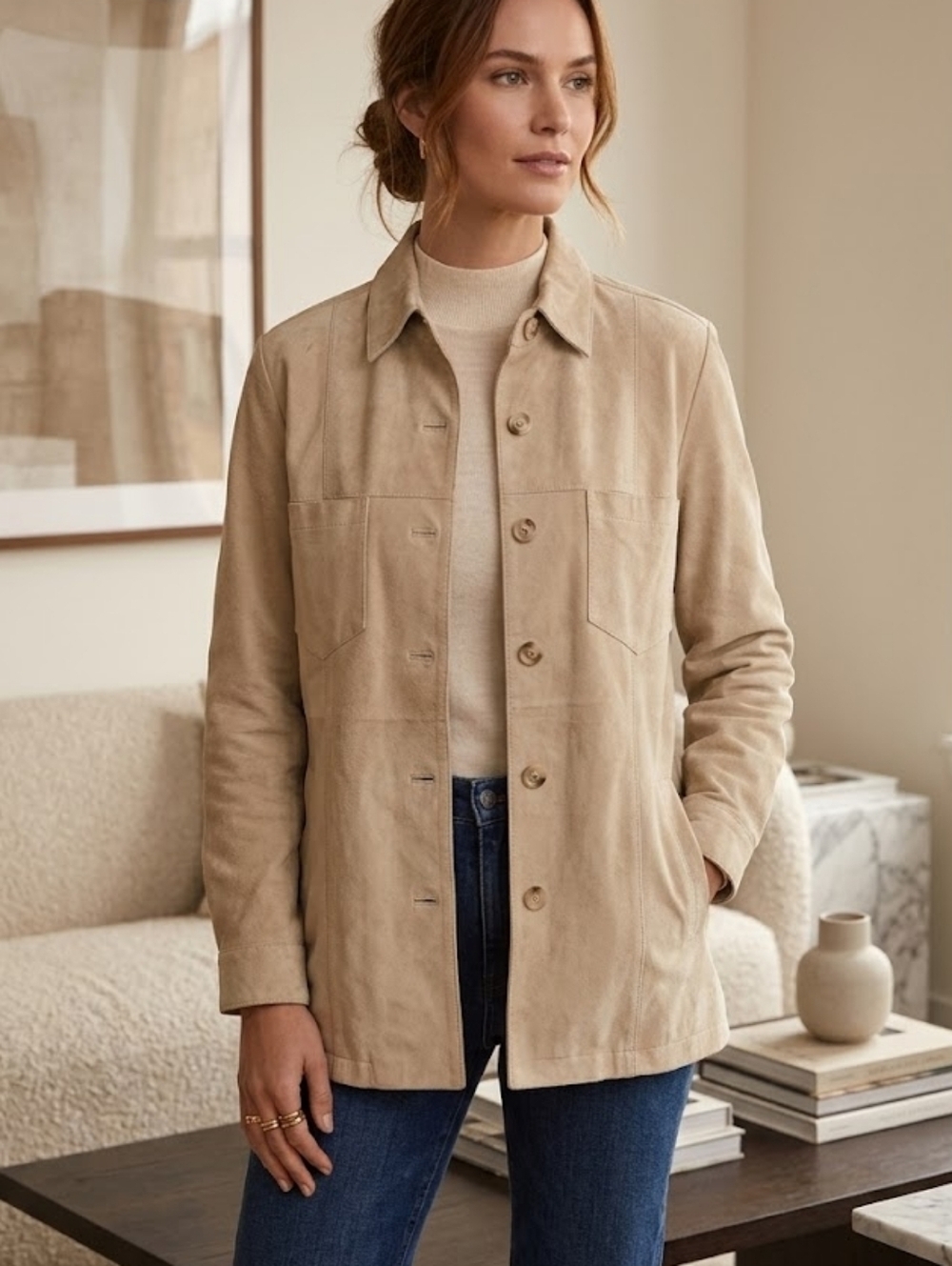 100% Genuine Leather Marsh Landing Women's Suede Shirt Jacket Coat Button Up M